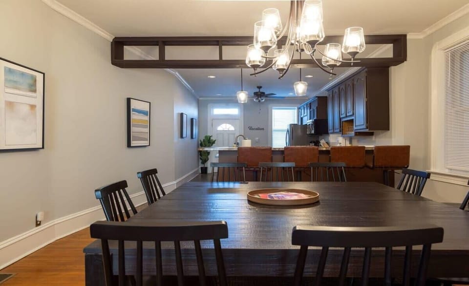 The spacious dining area flows into the eat-in kitchen