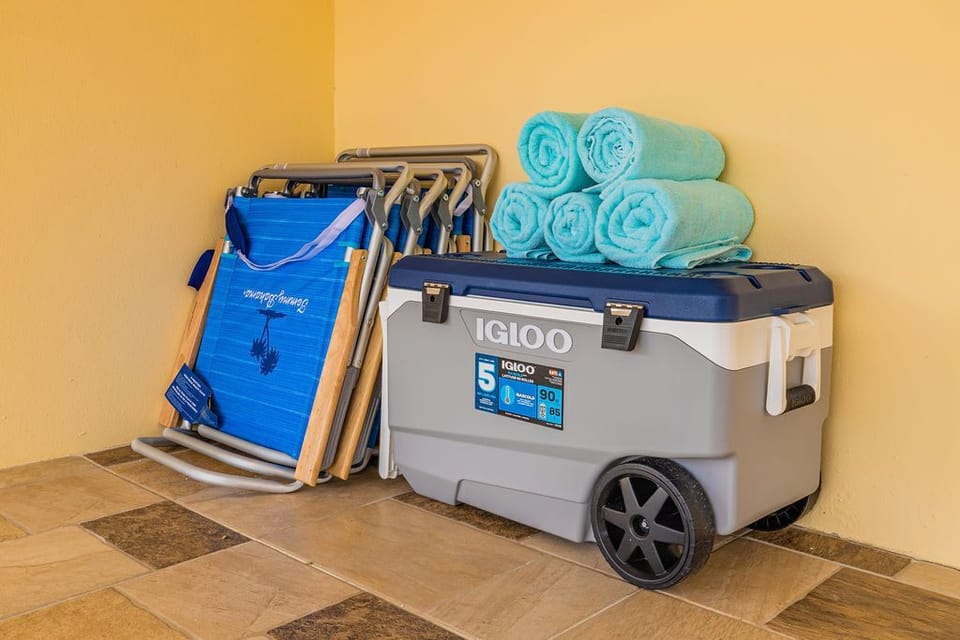 For our guest convenience, we provide beach chairs, beach towels, and a cooler with a roller.