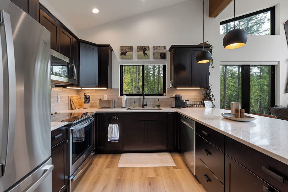 Large, well-stocked kitchen