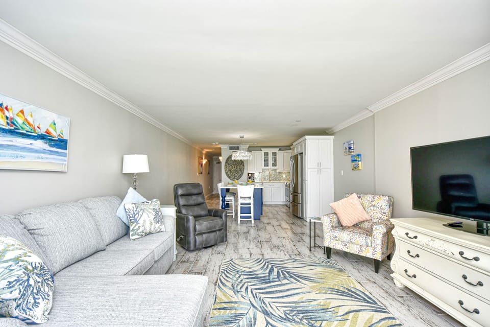 Large living room space. Lots of storage for your things. Also, has 55-inch TV.