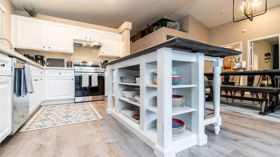 Kitchen is fully stocked and ready for cooking and baking.