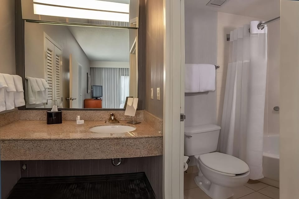 Refresh at the spacious vanity with bright, flattering lighting.
