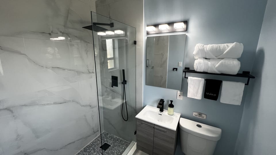 Modern spacious shower with rain shower overhead and Handheld Sprayer