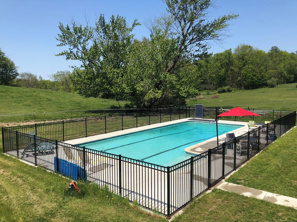 Come swim in the pool, 9 ft deep at the far end, with horses grazing nearby