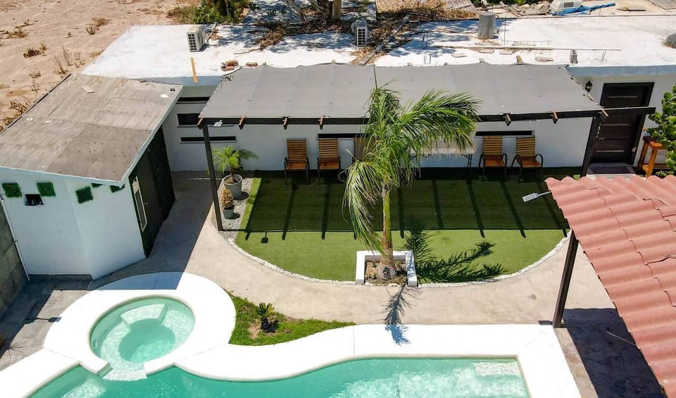 This aerial shot shows the full swimming pool layout at Casa Ashley in downtown San Felipe — see exactly how much space you and your group will have to relax.