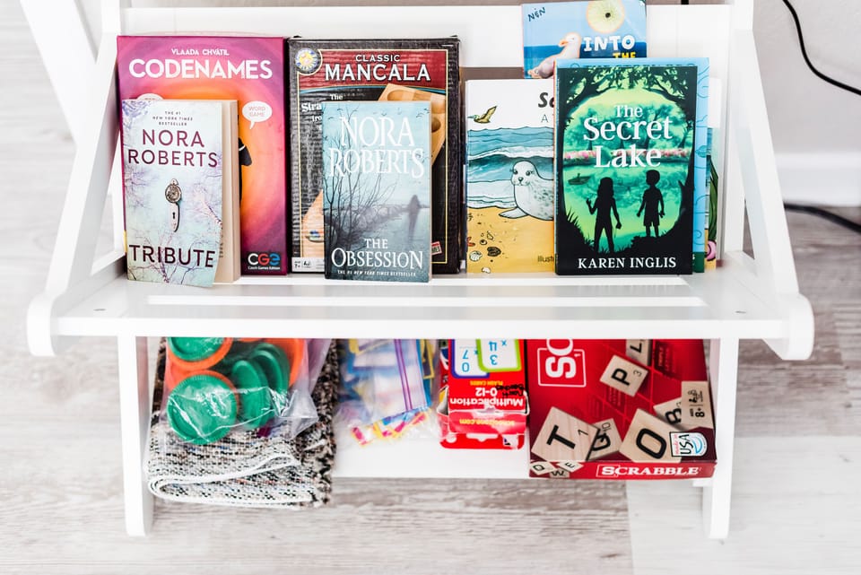 Book and game shelf, children and adult books