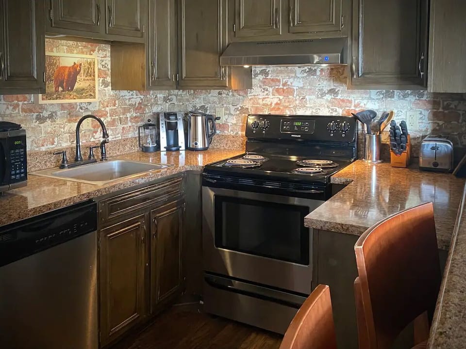 Seating for four in the open-concept kitchen facing gorgeous mountain views.