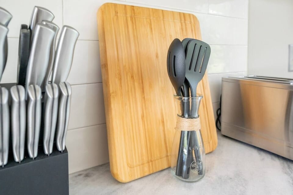 Our well equipped kitchen is perfect for whipping up a gourmet meal or prepping a cheese board to take up to the roof top!