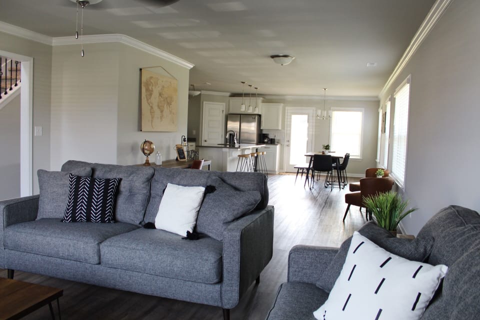 Living Room looking into dining room and kitchen