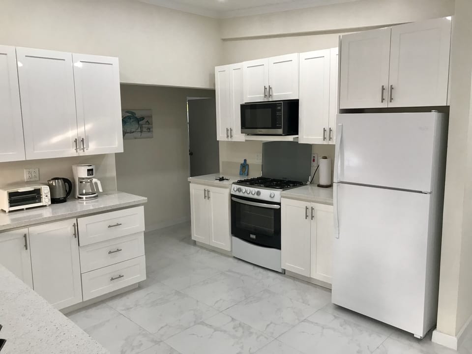 Fully equipped kitchen with gas stove, microwave, blender and toaster oven