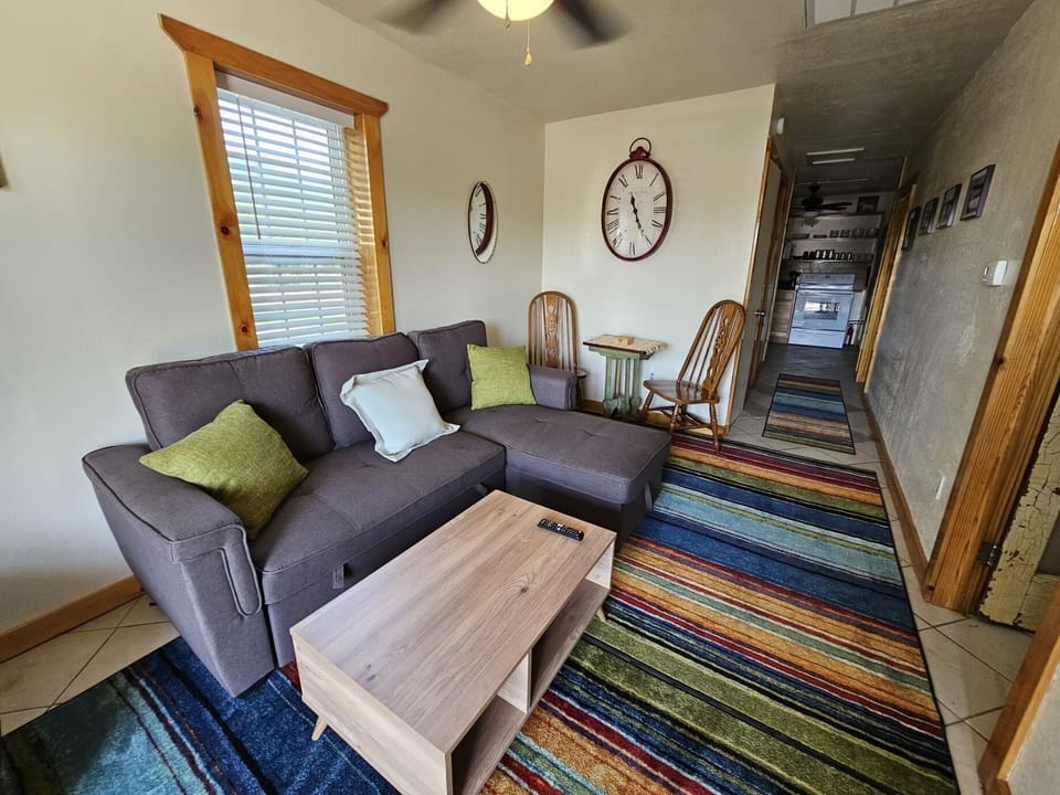 Cozy living room with couch that opens to a double bed