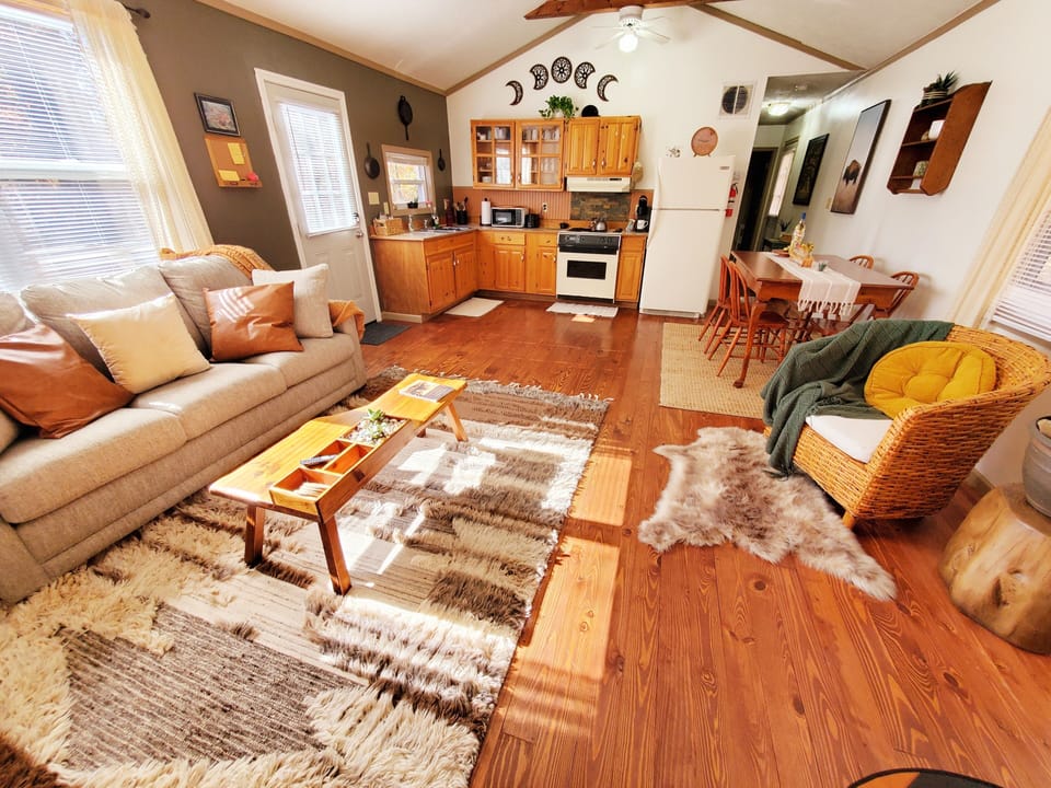 Sleeper sofa in the living area, operational fireplace, smart TV with Netflix.