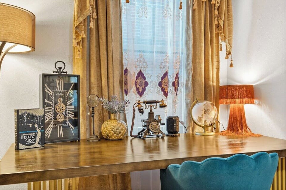 Vintage-inspired workspace with elegant décor located between the living and dining area—perfect for remote work or creative projects.