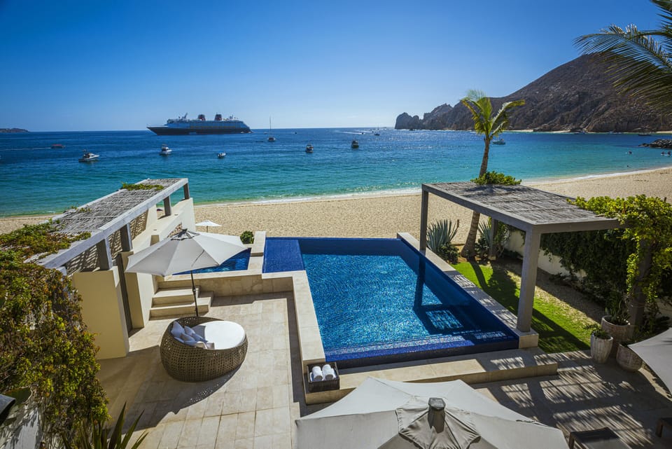 Beachfront pool overlooking Medano Beach and the Cabo Arch at Villa Marena in Hacienda Beach, Cabo San Lucas.