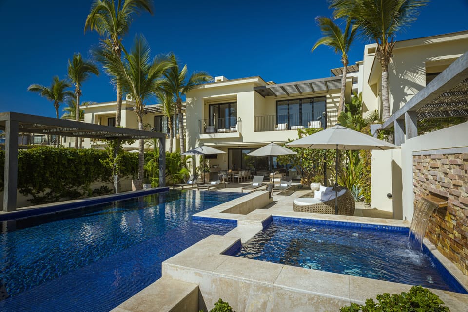 Pool, jacuzzi and outdoor dining terrace at Villa Marena in Hacienda Beach, Cabo San Lucas.