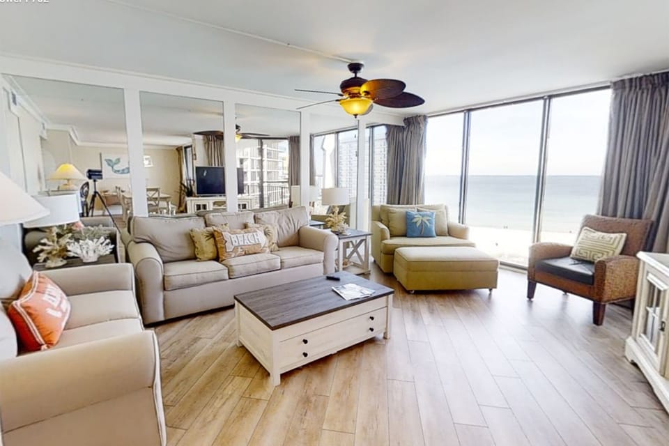 Living Room with beautiful views of the resort and beach below.
