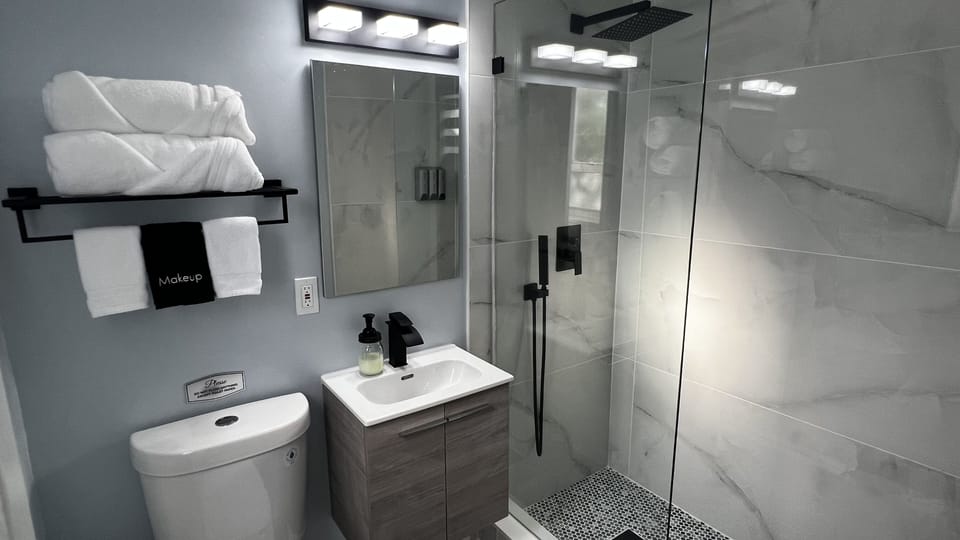 Modern spacious shower with rain shower overhead and Handheld Sprayer