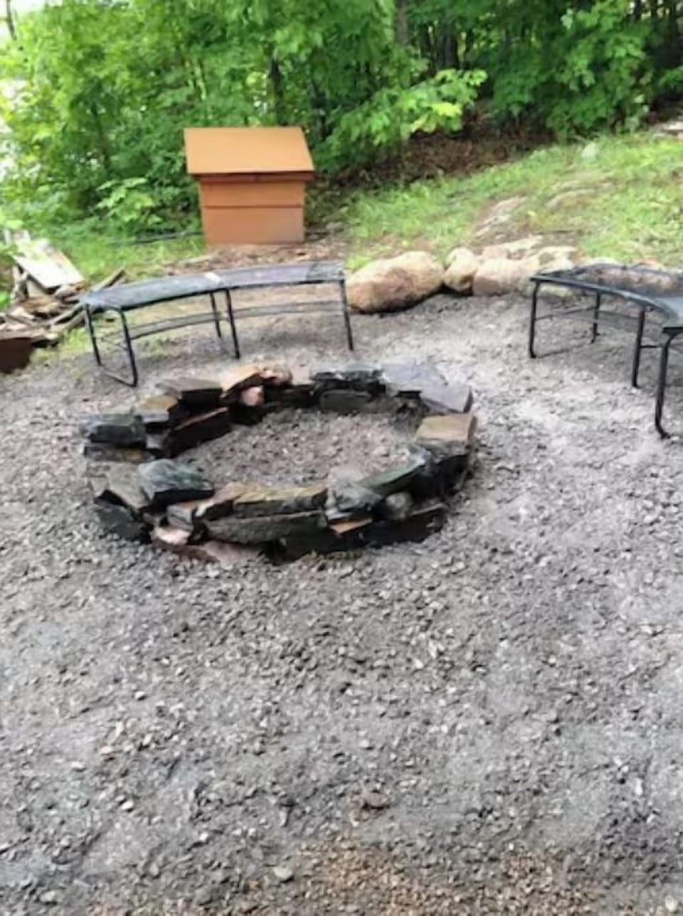 firepit in front of the lake wonderful at night to roast marshmallows.  