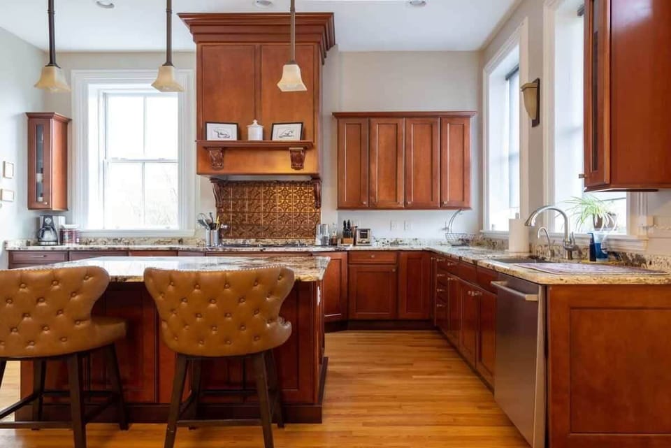 The spacious chef's kitchen is stocked with everything you may need for a wonderful stay.