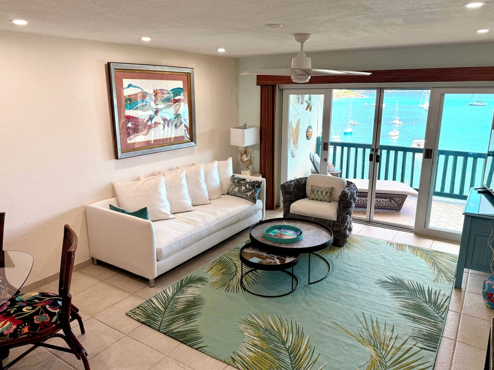 A view of the Caribbean Sea and St. Thomas Yacht Club from the living room.
