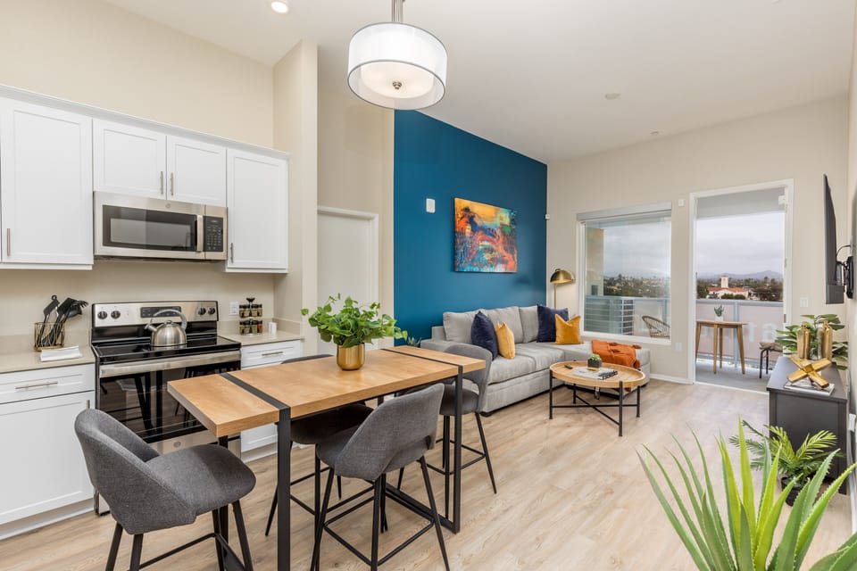 The apartment itself is spacious and cozy, with an equipped chef's kitchen.