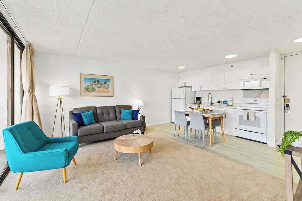Spacious living room with pull-out sleeper sofa.