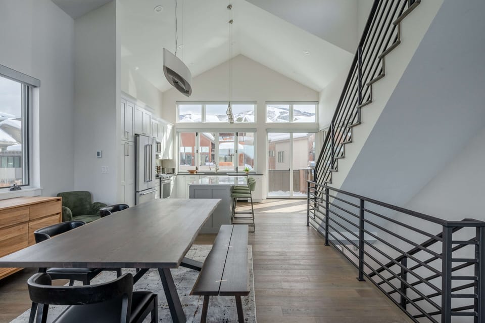 Living room flows into the dining area and kitchen