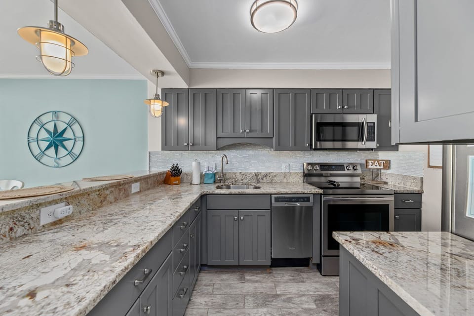 Fully stocked and spacious kitchen.