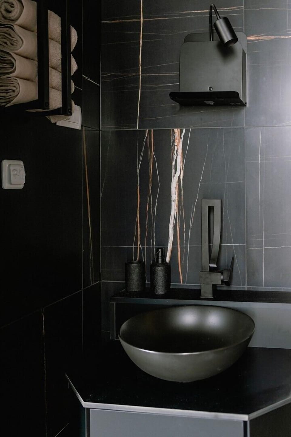 Minimalistic design in elegant shades of black with  bedroom with en-suite bathroom and a king-size bed in air conditioned room with free Wi-Fi in 4 bedroom dalmatian luxury holiday villa for 8 Noir Vodice