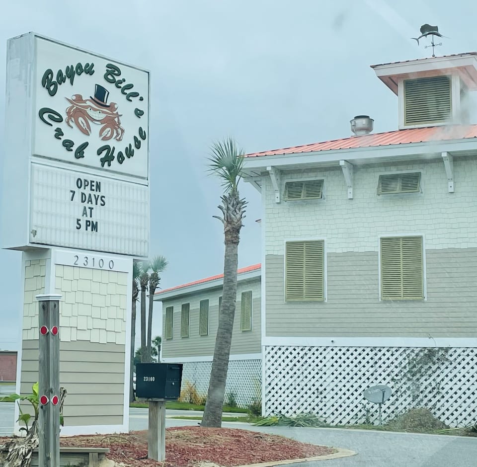 Bayou Bills Crab House 1 mile on Front Beach Road from the Cottage