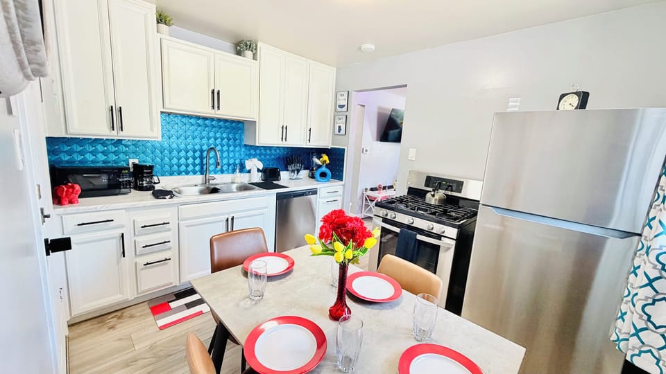 Embark on a culinary journey in our well-equipped kitchen, stocked with utensils and kitchenware for feasting and fun.