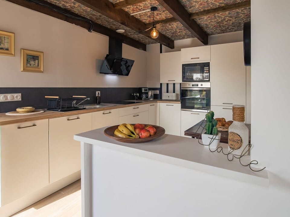 Kitchen, Countertop, Interior Design, Kitchen Appliance, Furniture, Cabinetry, Flooring, Wood, Ceiling, Light Fixture