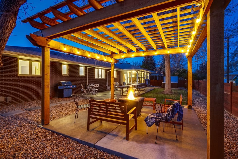 Large lighted pergola with gas fire pit, patio with gas grill & outdoor seating