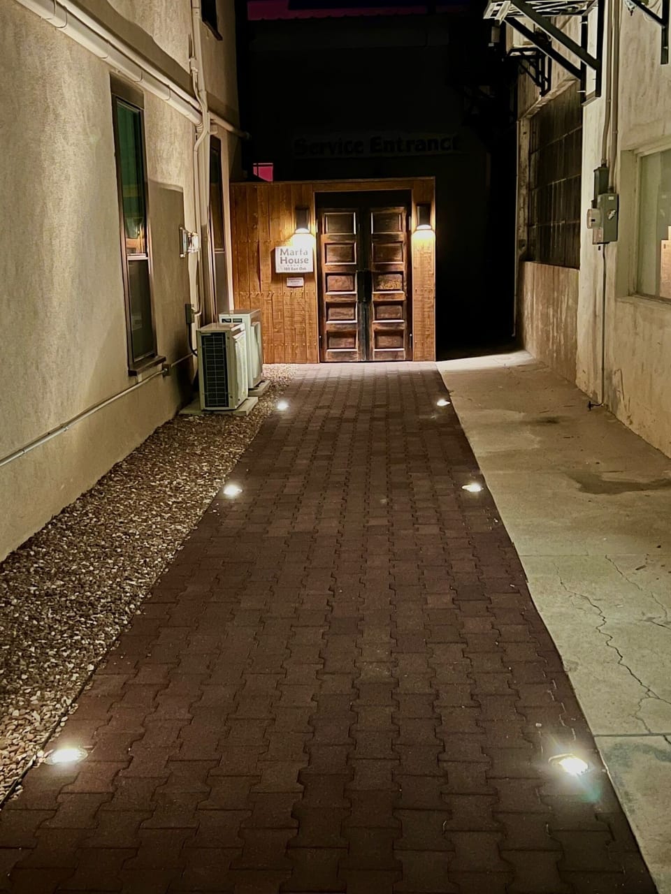 Lighted walkway entry at Marfa House