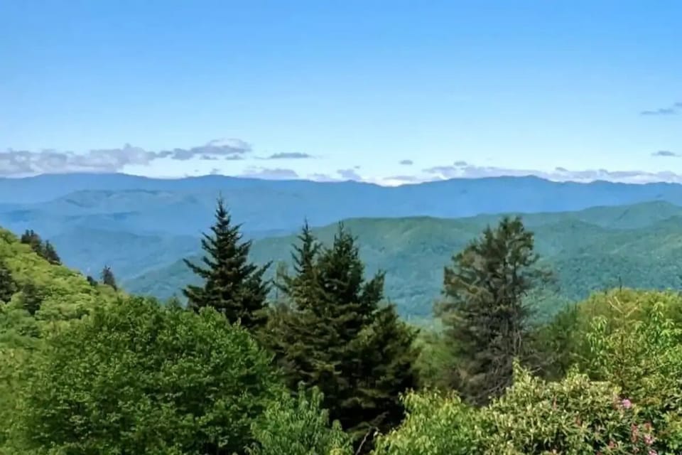 view in summer from the front porch. the main crest of smokies in background