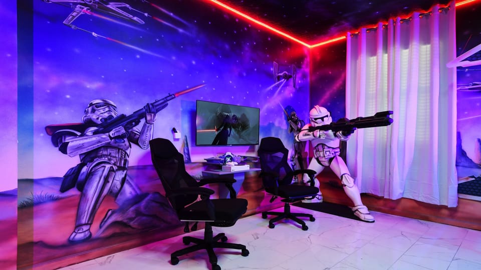 Epic Star Wars Gaming Den with LED Lights & Dual Chairs for Ultimate Play
