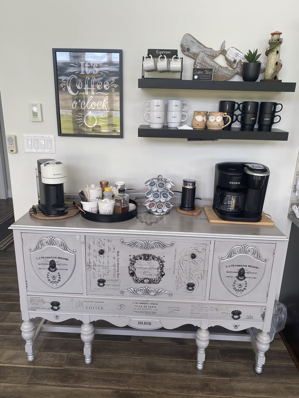 Coffee bar with keurig, drip, Nespresso, french press , tea , & milk frother