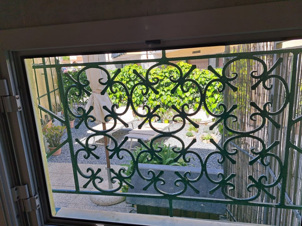 Finestra del bagno con grata, vista sul giardino