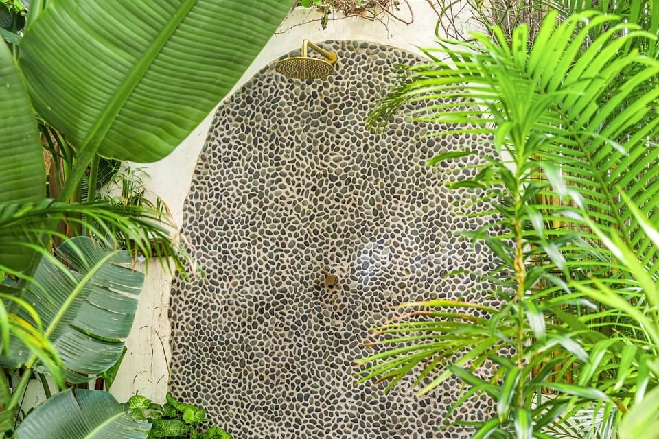 Outdoor shower in private courtyard off master suite 