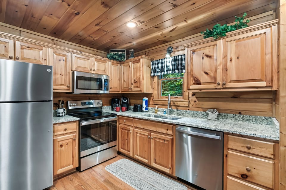 Fully stocked updated kitchen.