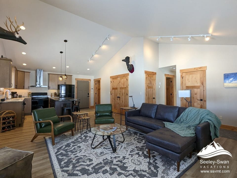 Open great room with vaulted ceilings