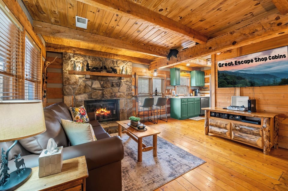 Large Roku TV and gas fireplace for your comfort