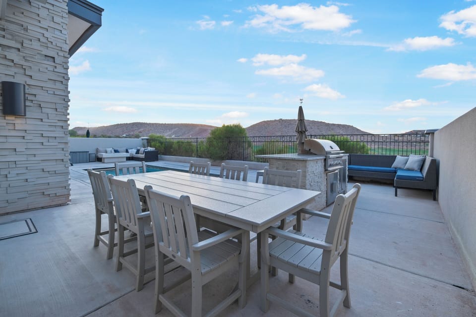 Patio Dining Table seats 8, bar seats 4, with additional outdoor seating able to seat 12 more