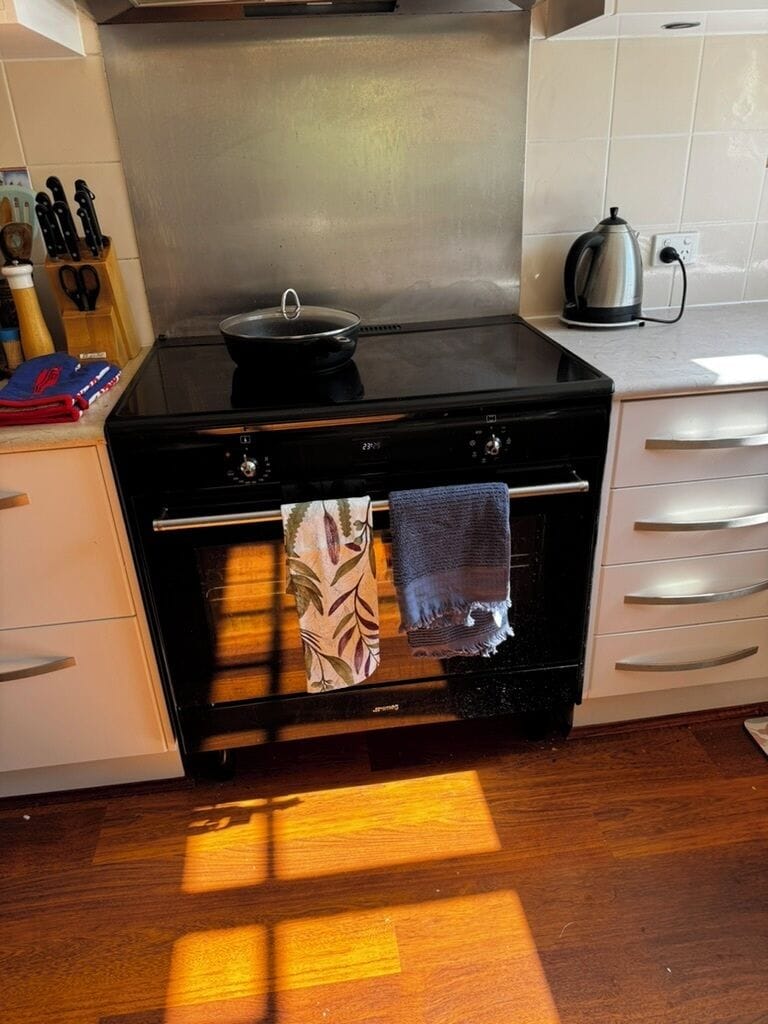 Induction cooktop with compatible saucepans and frying pan. Electric oven