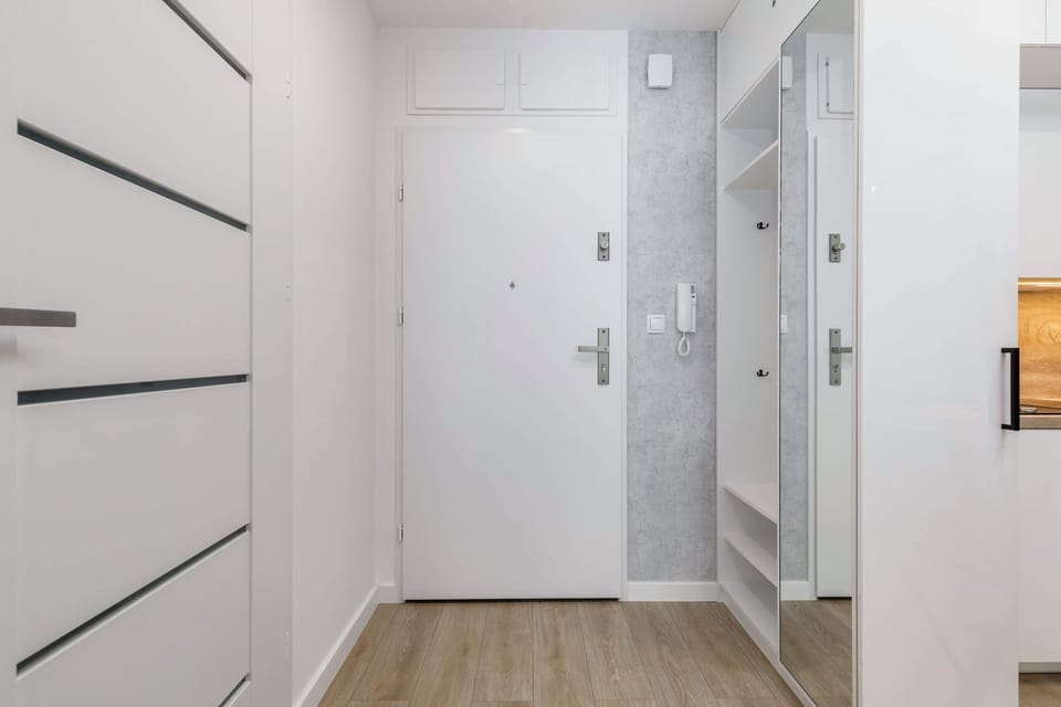 A hallway with a modern white door and wardrobe.
