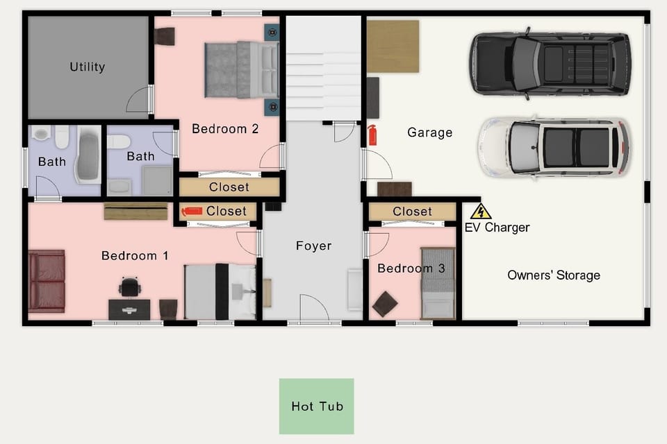 Ground level floor plan – bedrooms, EV charger, garage.