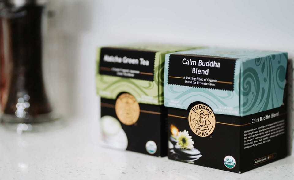 A curated tea selection for every mood. From Matcha Green Tea for a gentle boost to our Calm Buddha Blend for deep relaxation, we've stocked the kitchen with your well-being in mind.