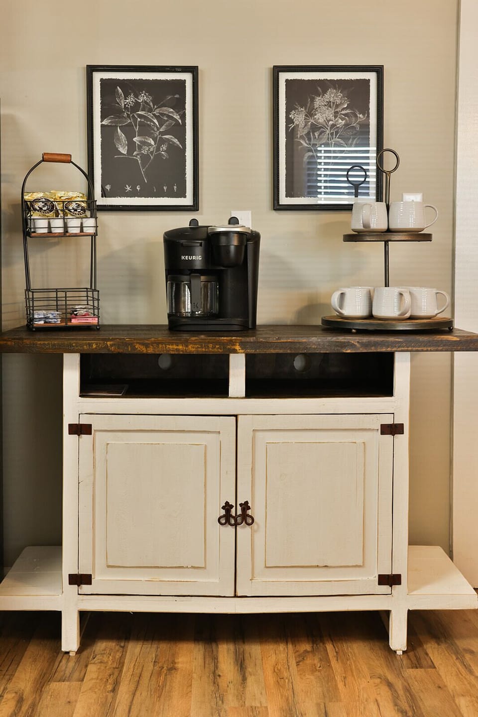 Stylish coffee bar in the kitchen with Keurig coffee pot and all the condiments