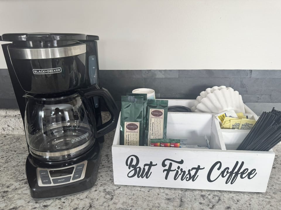 Coffee Bar stocked with supplies for your use.