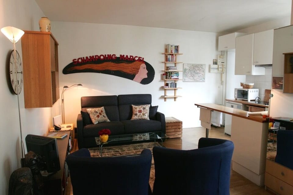 Salle de sejour with sofa bed.  Mirrored closet and drawers to the right.